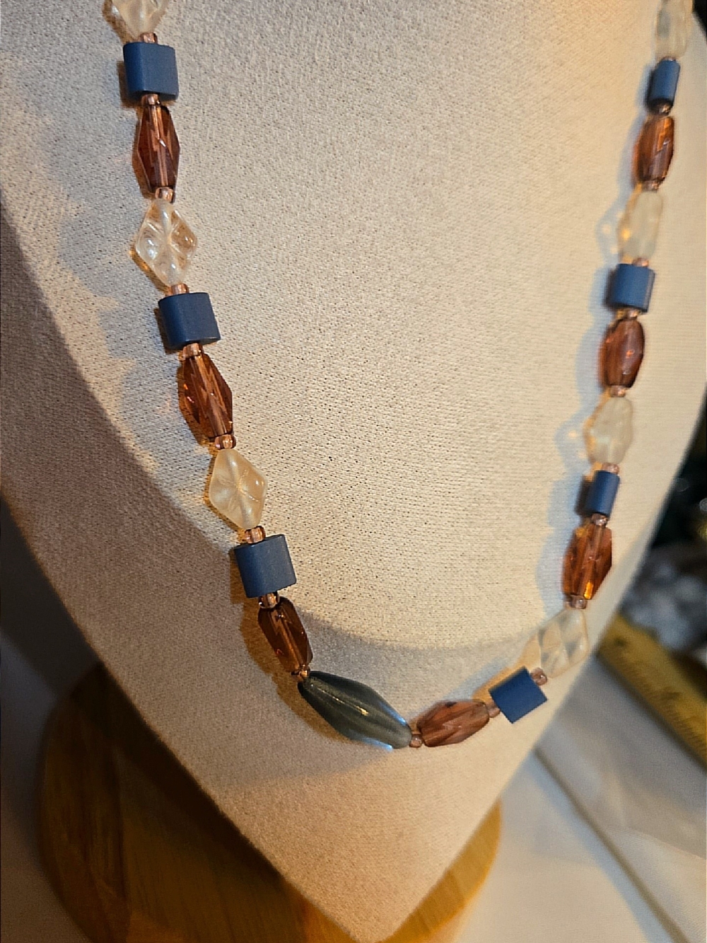 Beaded Multi-Color Glass Necklace - Blue, Amber & Clear